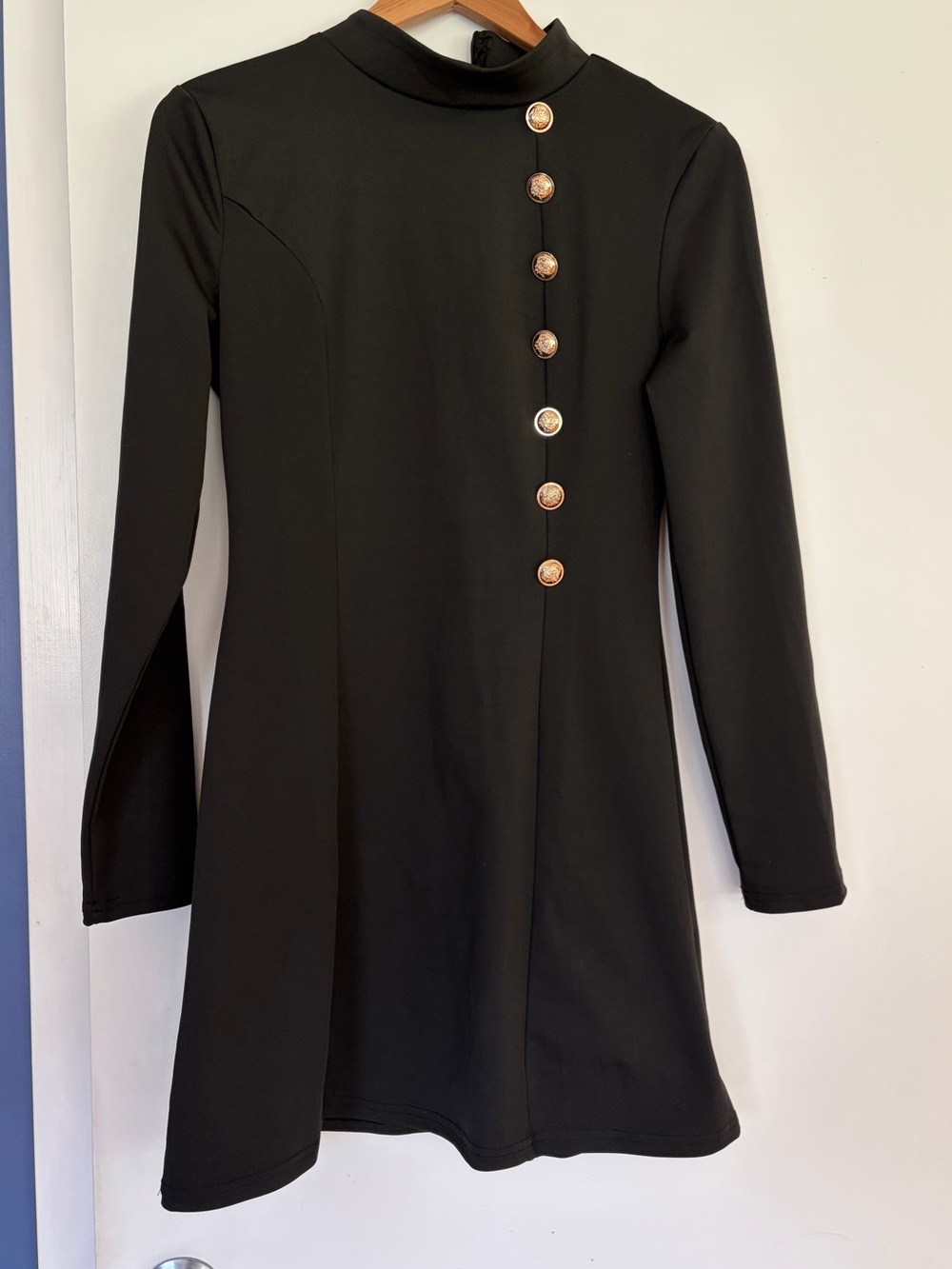 Black Long-Sleeve A-Line Dress with Gold Buttons